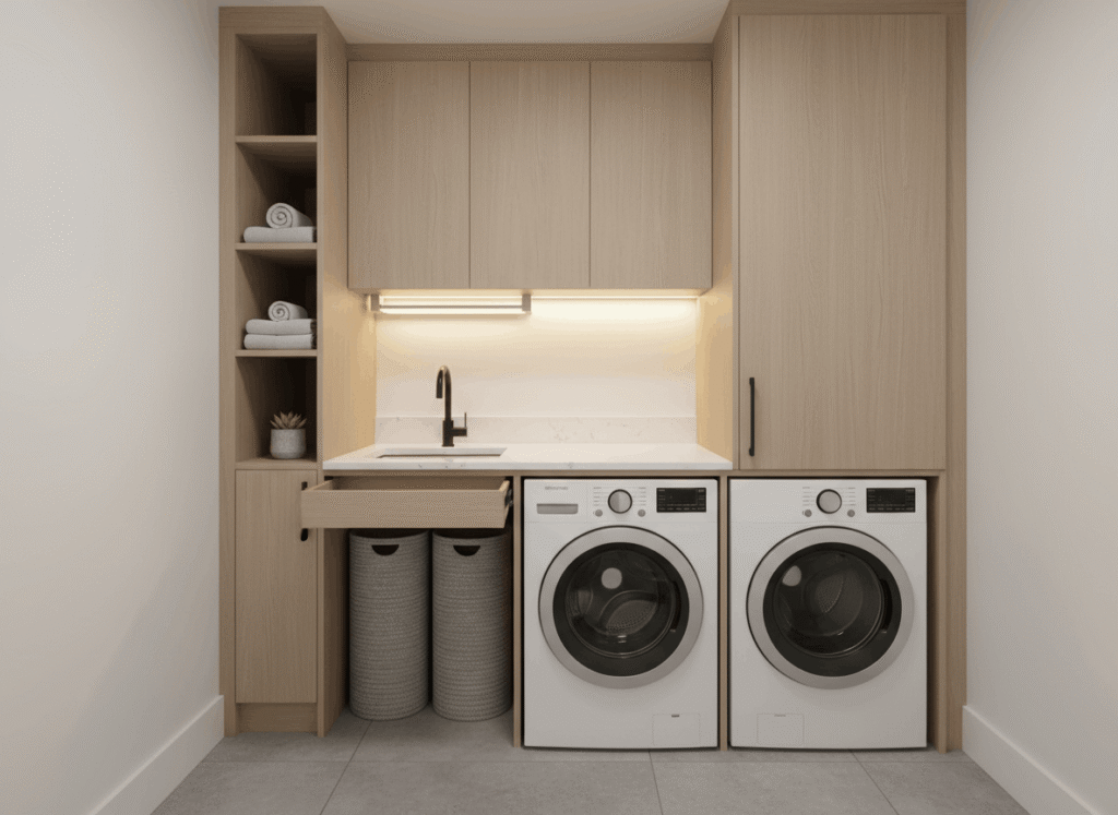 Clean white portable washing machine in modern minimalist apartment bathroom