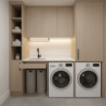 Clean white portable washing machine in modern minimalist apartment bathroom