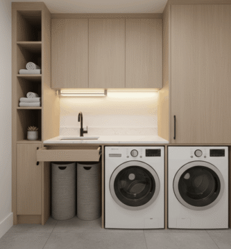 Clean white portable washing machine in modern minimalist apartment bathroom