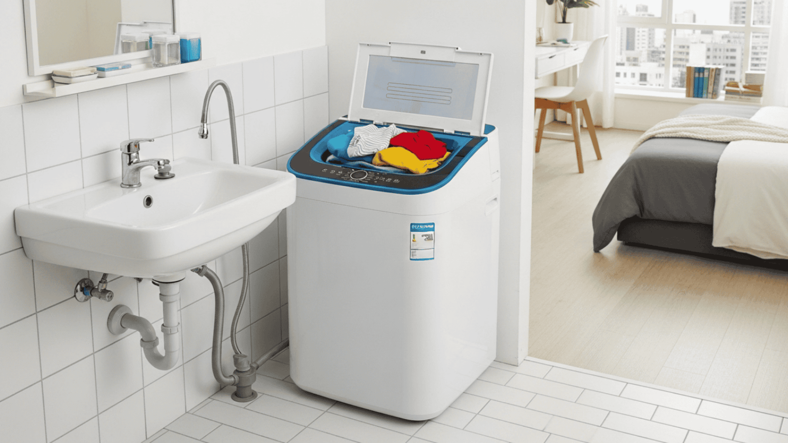 Compact mini washing machine connected to a bathroom sink in a small US apartment, showing clothes inside through transparent lid